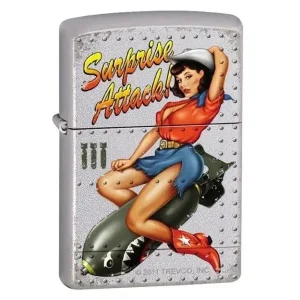 Zippo Lighter - Surprise Attack Pinup Satin Chrome